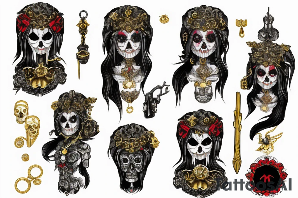 Japanese style Santa Muerte girl looking straight with gold color jewelry, black red green gold with weapons in hand tattoo idea