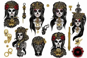 Japanese style Santa Muerte girl looking straight with gold color jewelry, black red green gold with weapons in hand tattoo idea