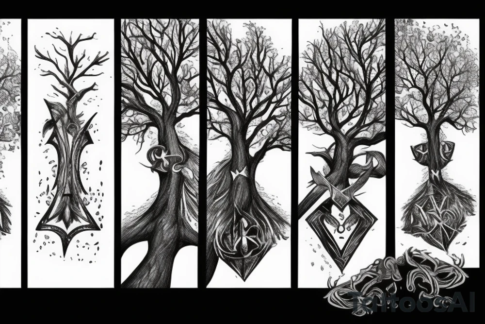 Magical sword with a tree and a door tattoo idea