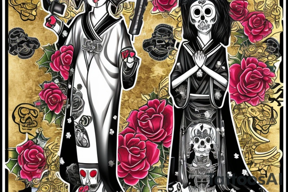 Japanese style Santa Muerte girl looking straight with gold color jewelry, black red green gold with weapons in hand tattoo idea