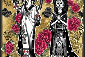Japanese style Santa Muerte girl looking straight with gold color jewelry, black red green gold with weapons in hand tattoo idea
