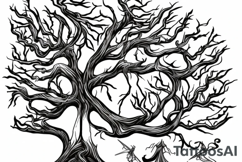 Magical sword with a tree and a door tattoo idea