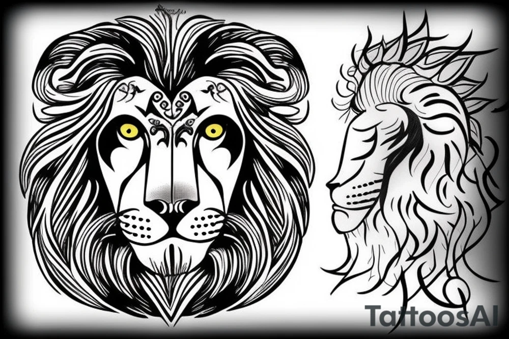 half lion face and half Zeus face, with laurel leaves below and above tattoo idea