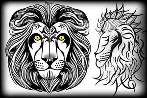 half lion face and half Zeus face, with laurel leaves below and above tattoo idea