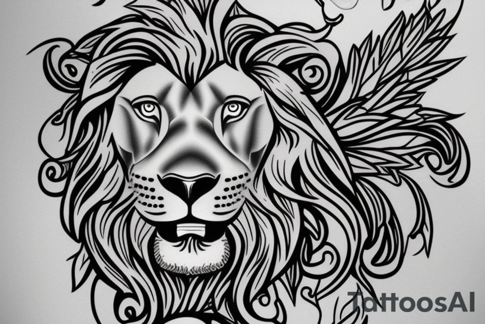 half lion face and half Zeus face, with laurel leaves below and above tattoo idea