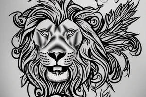 half lion face and half Zeus face, with laurel leaves below and above tattoo idea