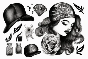 woman holding cap under her head 
topless tattoo idea