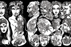 Greek god Hades kidnaps Persephone and nearby Cerberus tattoo idea