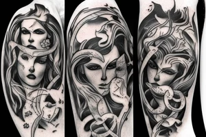 Greek god Hades kidnaps Persephone and nearby Cerberus tattoo idea