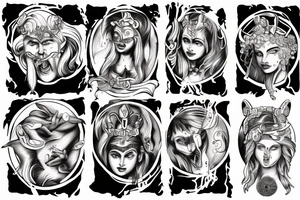 Greek god Hades kidnaps Persephone and nearby Cerberus tattoo idea