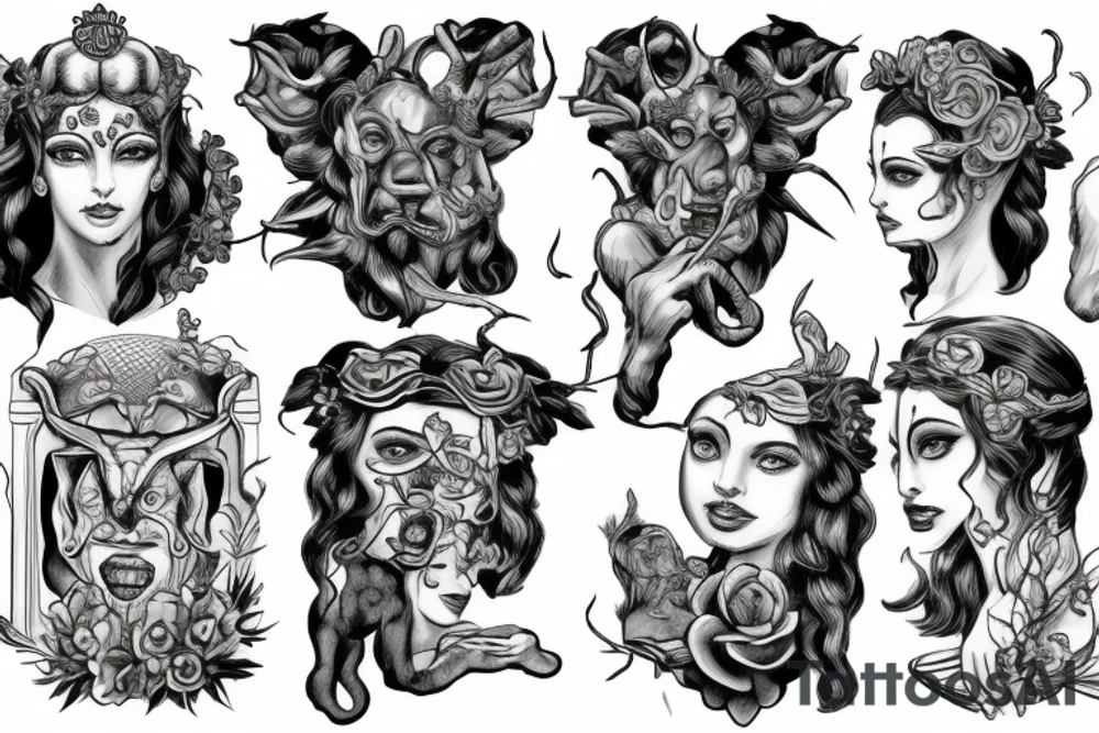 Greek god Hades kidnaps Persephone and nearby Cerberus tattoo idea