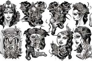 Greek god Hades kidnaps Persephone and nearby Cerberus tattoo idea
