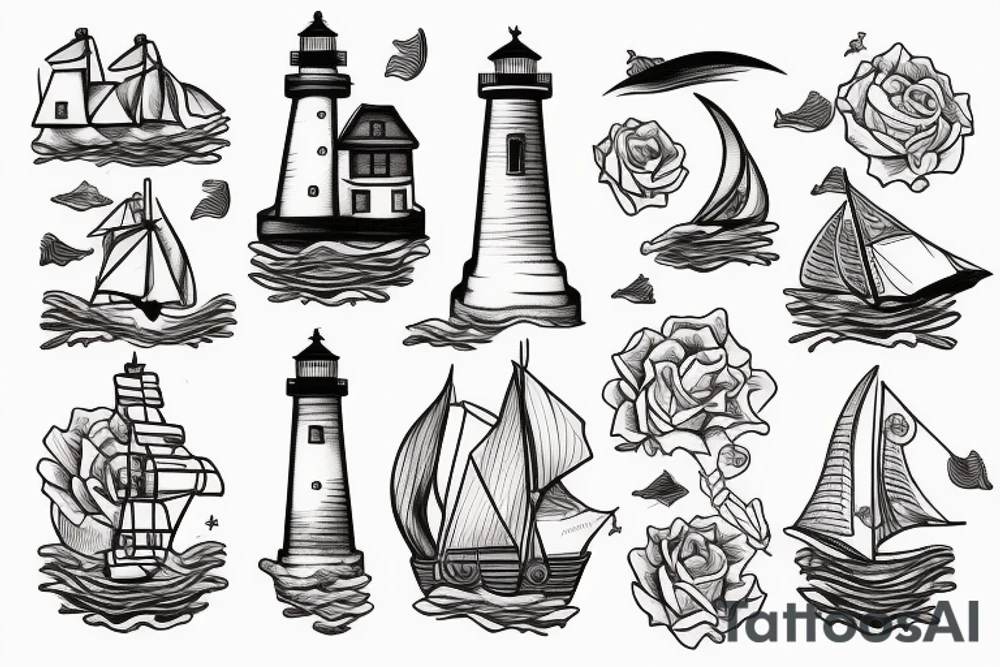 Lighthouse, rose, mermaid, treasure chests, ships, sunset, ocean waves tattoo idea