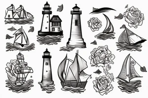 Lighthouse, rose, mermaid, treasure chests, ships, sunset, ocean waves tattoo idea