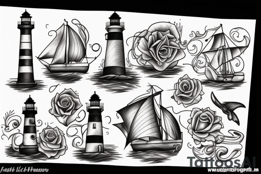 Lighthouse, rose, mermaid, treasure chests, ships, sunset, ocean waves tattoo idea