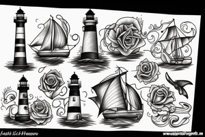 Lighthouse, rose, mermaid, treasure chests, ships, sunset, ocean waves tattoo idea