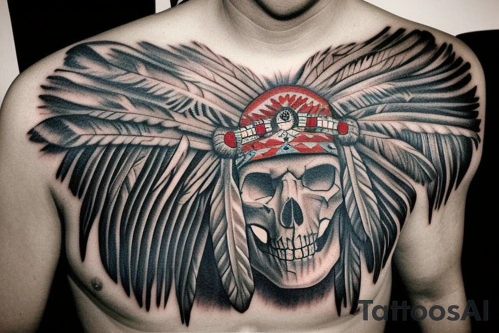 an Indian chief with a skull in the woods tattoo idea
