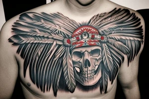 an Indian chief with a skull in the woods tattoo idea