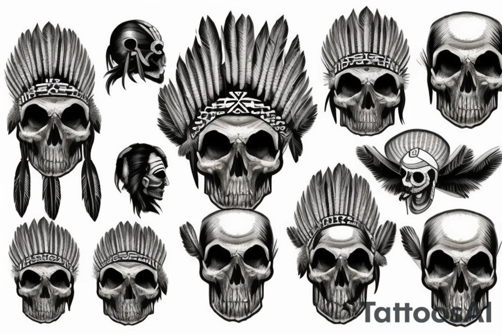 an Indian chief with a skull in the woods tattoo idea