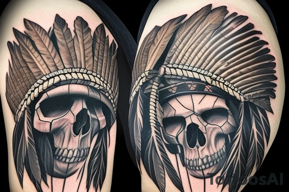 an Indian chief with a skull in the woods tattoo idea
