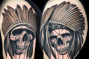 an Indian chief with a skull in the woods tattoo idea