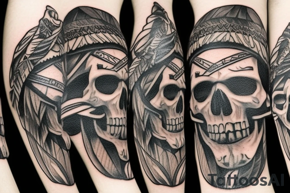 an Indian chief with a skull in the woods tattoo idea