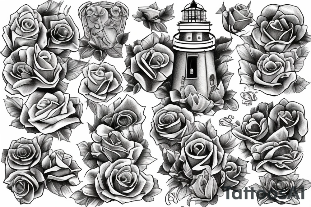 Lighthouse mermaid sea ocean ship treasure chest roses tattoo idea
