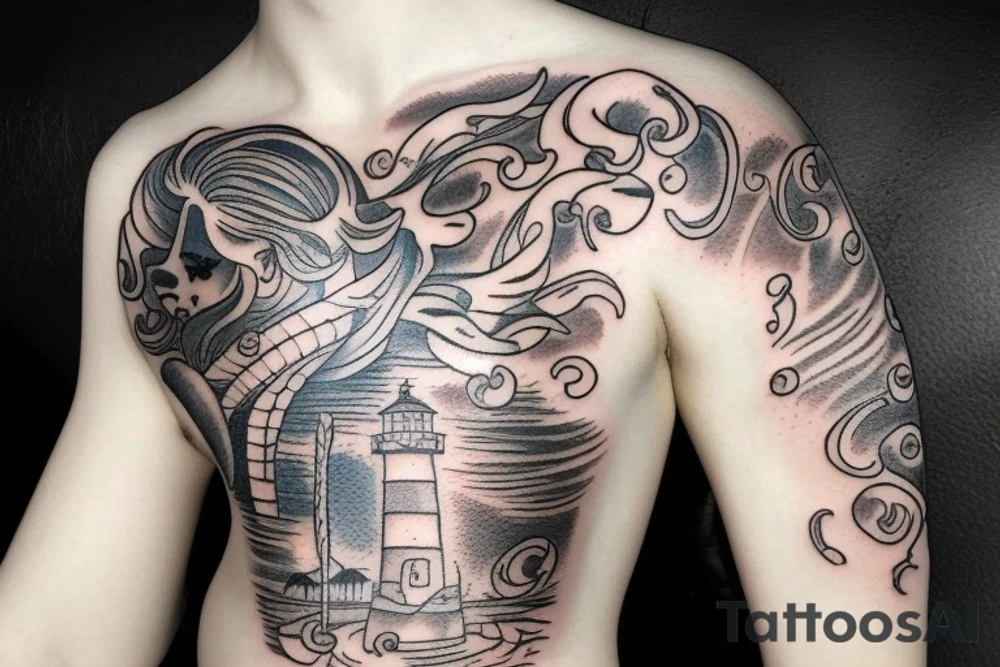 Lighthouse mermaid  ocean ship treasure chest tattoo idea