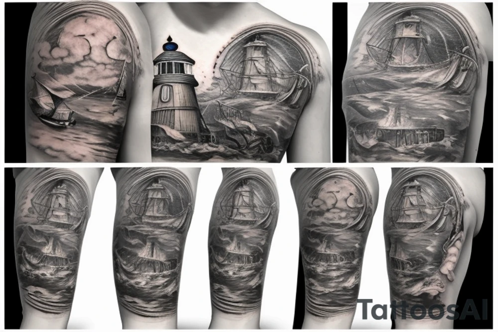 Lighthouse mermaid  ocean ship treasure chest tattoo idea
