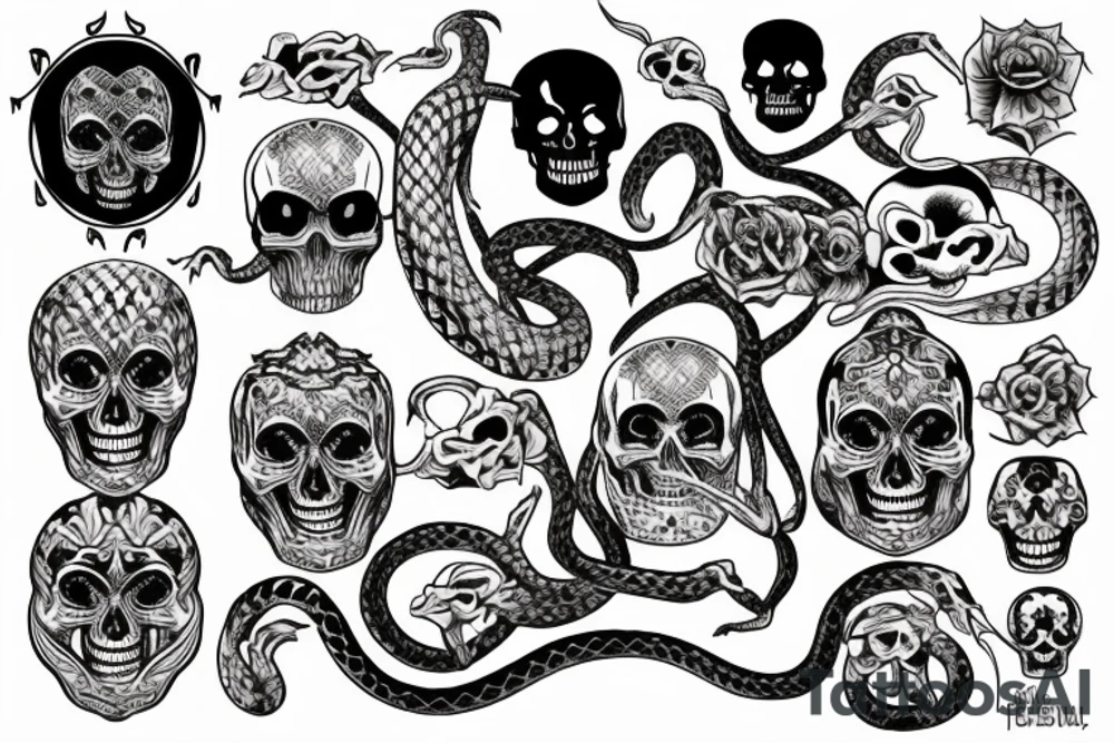 The phrase "Avada kedavra". To her right is a skull from which snakes crawl out and intertwine this phrase tattoo idea