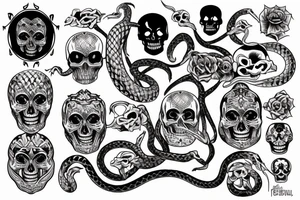 The phrase "Avada kedavra". To her right is a skull from which snakes crawl out and intertwine this phrase tattoo idea