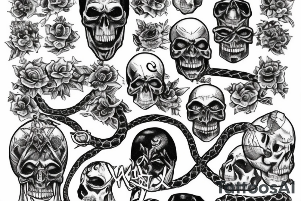 The phrase "Avada kedavra". To her right is a skull from which snakes crawl out and intertwine this phrase tattoo idea