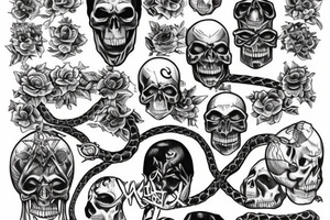 The phrase "Avada kedavra". To her right is a skull from which snakes crawl out and intertwine this phrase tattoo idea