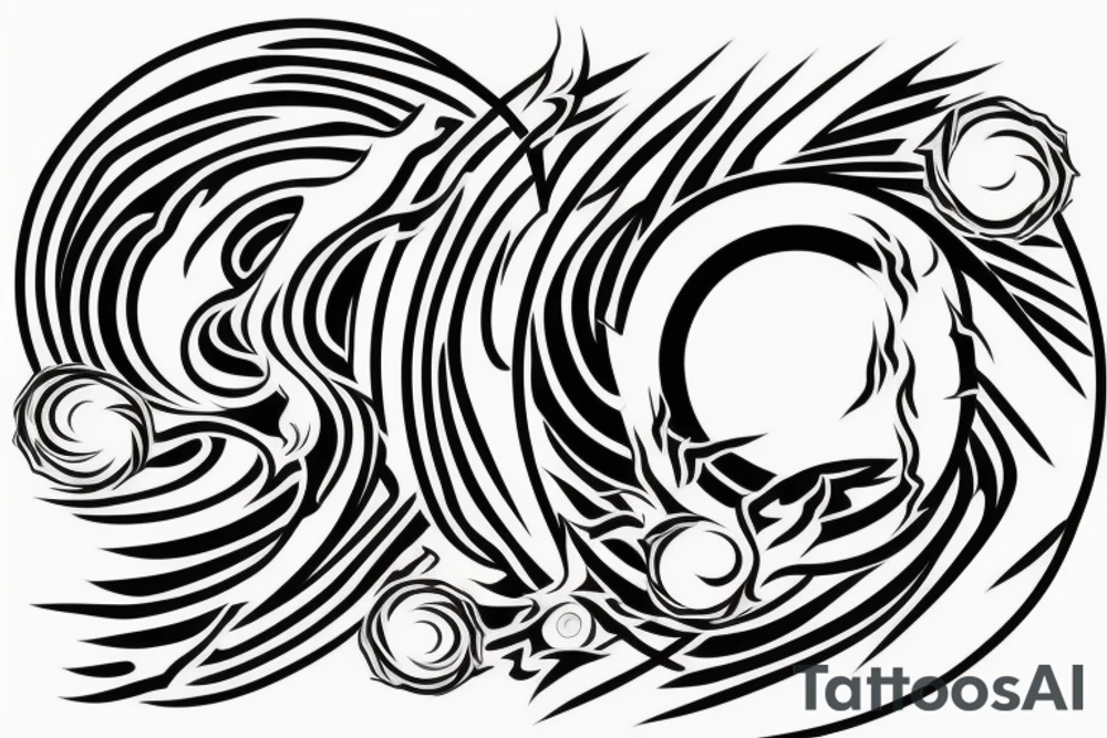One circle with a black outline, inside of which there is an anime-style fire
The second circle with a black stroke, inside which is an anime-style wave. tattoo idea