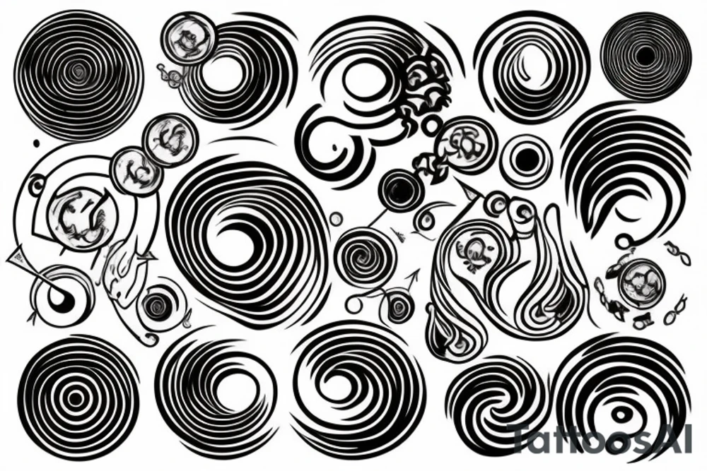One circle with a black outline, inside of which there is an anime-style fire
The second circle with a black stroke, inside which is an anime-style wave. tattoo idea