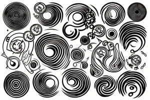 One circle with a black outline, inside of which there is an anime-style fire
The second circle with a black stroke, inside which is an anime-style wave. tattoo idea
