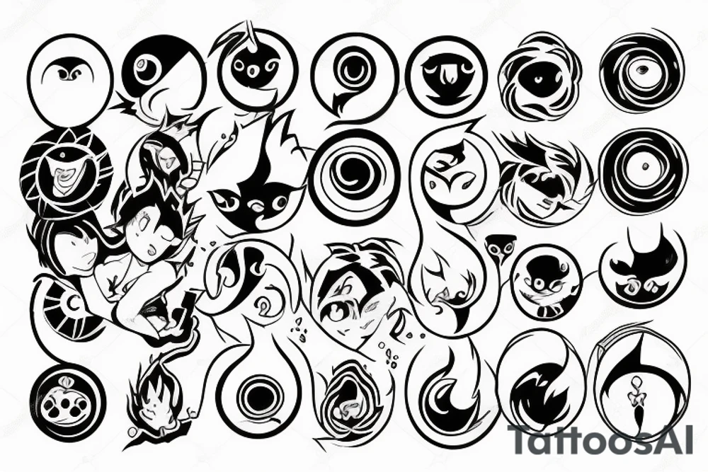 One circle with a black outline, inside of which there is an anime-style fire tattoo idea