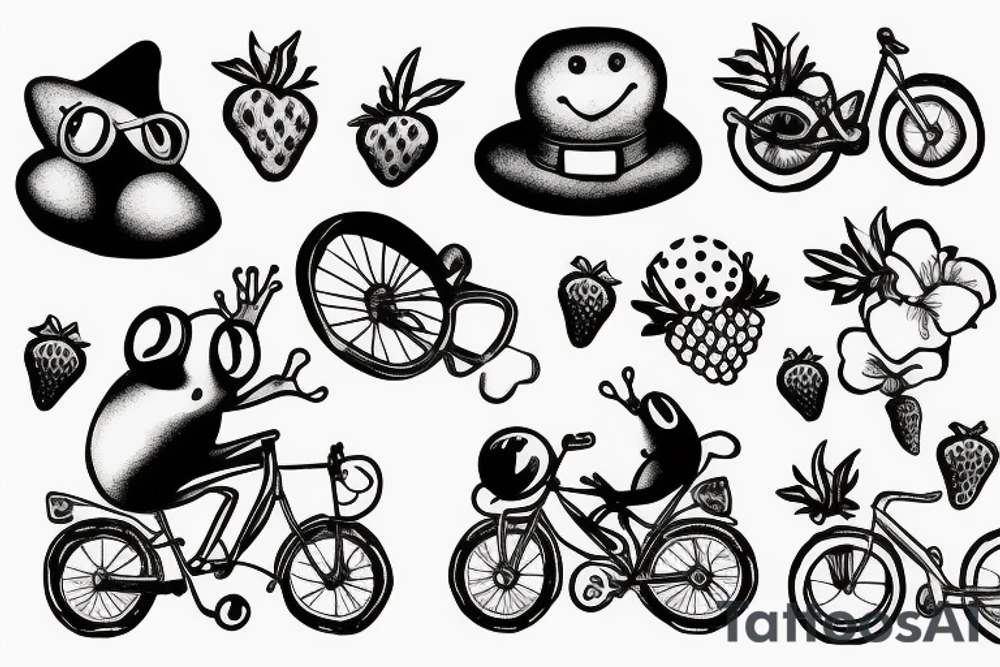 funny little frog on a bike with hat and strawberry tattoo idea