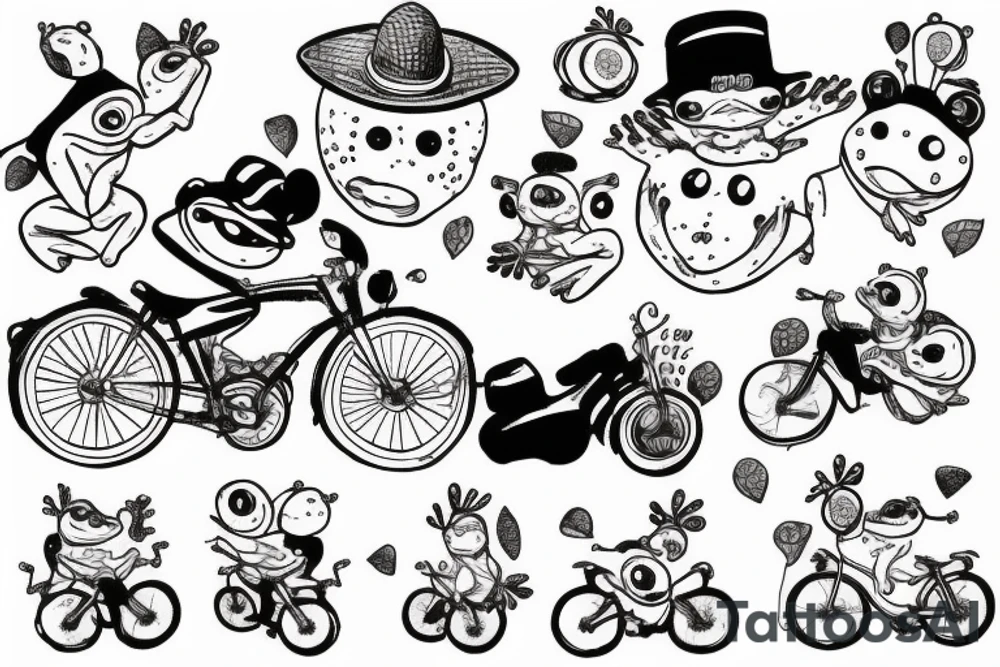 funny little frog on a bike with hat and strawberry tattoo idea
