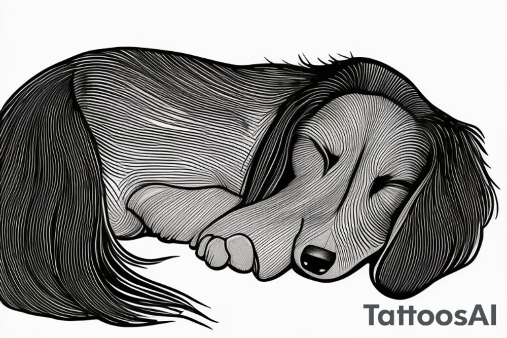 The sleeping long-haired dachshund curled up in a circle. Drawing with a thin line. tattoo idea