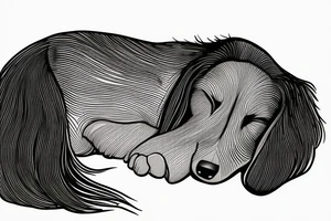 The sleeping long-haired dachshund curled up in a circle. Drawing with a thin line. tattoo idea