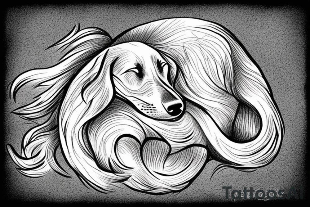 The sleeping long-haired dachshund curled up in a circle. Drawing with a thin line. tattoo idea