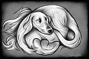 The sleeping long-haired dachshund curled up in a circle. Drawing with a thin line. tattoo idea