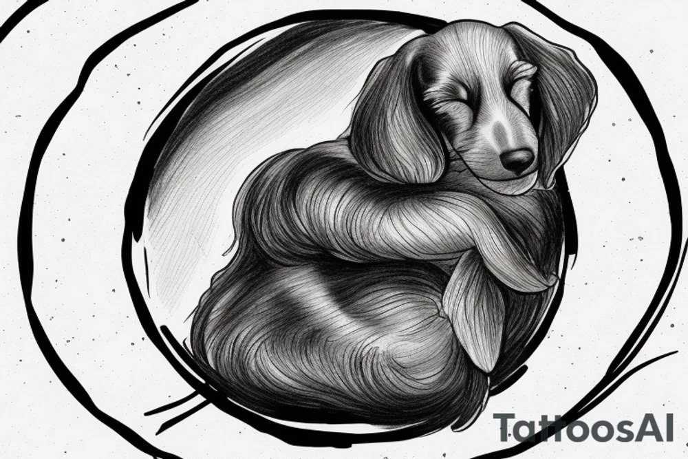 The sleeping long-haired dachshund curled up in a circle. Drawing with a thin line. tattoo idea