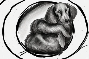 The sleeping long-haired dachshund curled up in a circle. Drawing with a thin line. tattoo idea
