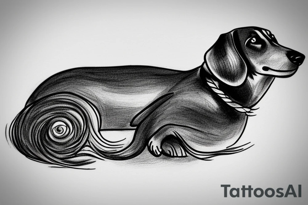 The sleeping long-haired dachshund curled up in a circle. Drawing with a thin line. tattoo idea
