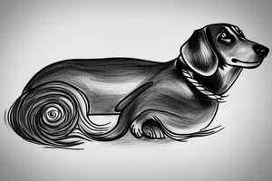 The sleeping long-haired dachshund curled up in a circle. Drawing with a thin line. tattoo idea