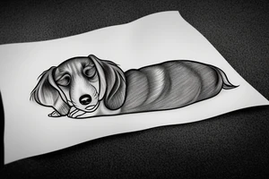 The sleeping long-haired dachshund curled up in a circle. Drawing with a thin line. tattoo idea