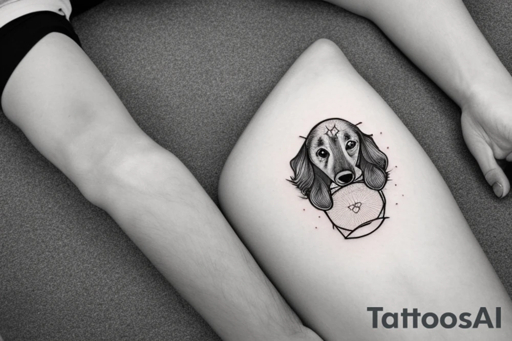 The sleeping long-haired dachshund curled up in a circle. Drawing with a thin line. tattoo idea