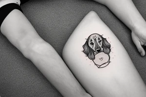 The sleeping long-haired dachshund curled up in a circle. Drawing with a thin line. tattoo idea